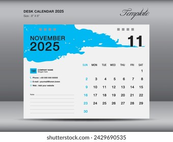 Desk calender 2025 design, November 2025 template, Calendar 2025 template, planner, simple, Wall calendar design, week starts on sunday, printing, advertiement, blue brushstroke background, vector