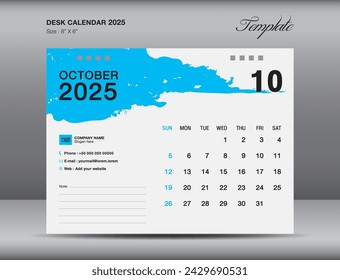 Desk calender 2025 design, October 2025 template, Calendar 2025 template, planner, simple, Wall calendar design, week starts on sunday, printing, advertiement, blue brushstroke background, vector