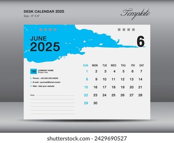 Desk calender 2025 design,June 2025 template, Calendar 2025 template, planner, simple, Wall calendar design, week starts on sunday, printing, advertiement, blue brushstroke background, vector