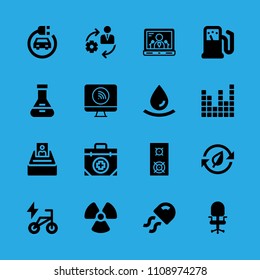 desk chair, bike, selection, laptop, gas station, flask, sound bars, first aid kit and radioactive vector icon. Simple icons set