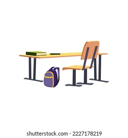 Desk and chair for classroom vector illustration. Cartoon drawing of isometric classroom desk isolated on white background. Education, school, furniture concept