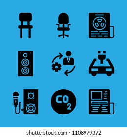desk chair, co, speaker, chair, speaker, newspaper, management, electric car and news paper vector icon. Simple icons set
