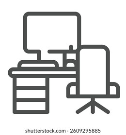 Desk with chair and desktop line icon, remote work concept. Vector graphics. Personal workplace with computer sign on white background, outline style icon for mobile or web design