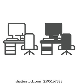 Desk with chair and desktop line and solid icon, remote work concept. Vector graphics. Personal workplace with computer sign on white background, outline style icon for mobile or web design