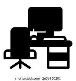 Desk with chair and desktop solid icon, remote work concept. Vector graphics. Personal workplace with computer sign on white background, style mobile or design