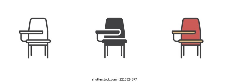 Conjunto de iconos de estilo diferente para la silla de escritorio. Versión colorida de línea, glifo y contorno relleno, contorno de silla de estudiante y signo vectorial relleno. Símbolo, ilustración del logotipo. Gráficos vectoriales