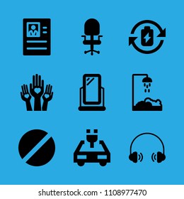desk chair, electric car, battery, shower, resume, mirror, headphones, prohibited and hands with hearts vector icon. Simple icons set