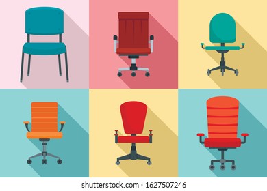 Desk chair icons set. Flat set of desk chair vector icons for web design