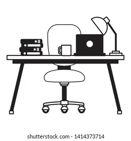 desk chair laptop books coffee cup lamp workplace office furniture vector illustration