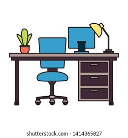 desk chair laptop plant lamp workplace office furniture vector illustration