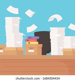 desk and chair office papers boxes and binders work frustration stress vector illustration