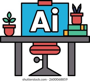 A desk with a chair and a plant. The desk has a computer monitor and a keyboard. The computer monitor has the word AI on it