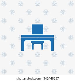 desk and chair, a table in the office. icon. vector design background with snowflakes