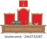 Desk and chairs of judges for official hearings and sentencing in a courtroom, vector cartoon illustration on a white background