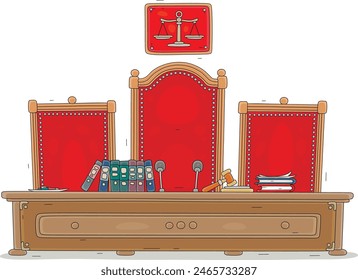 Desk and chairs of judges for official hearings and sentencing in a courtroom, vector cartoon illustration on a white background