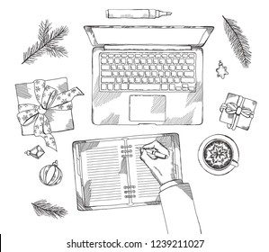 Desk Christmas top view frame. Laptop, pen, notebook, gift. Hand drawn sketch vector illustration. Engraved style image.