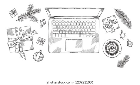Desk Christmas top view frame. Laptop, phone, pen, notebook, gift. Hand drawn sketch vector illustration. Engraved style image.