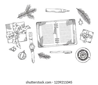 Desk Christmas top view frame. pen, notebook, gift. Hand drawn sketch vector illustration. Engraved style image.