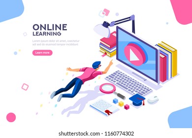 Desk of class seminar or courses. Online tutorial infographic for college research. Teaching cap on app for distance e-learning graduation. Concept with characters, flat isometric vector illustration.