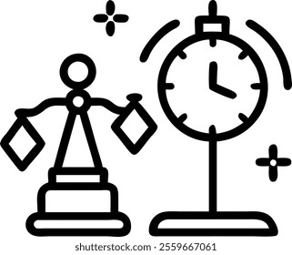 A desk clock on white background with holographic financial graphs and handshake icons providing copy space. concept as Front view of a desk clock against a pure white background. Surrounding it are g