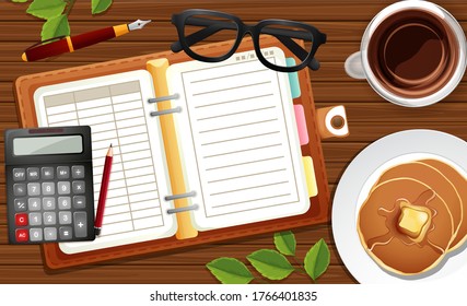 Cierre del escritorio con un libro de planificación en blanco y ilustración de café y panqueque y gafas