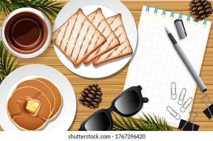 Desk close up with paper and coffee and pancake and glasses illustration