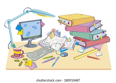 Desk With The Computer And Books. Disorder On A Desk, Are Scattered: Books, Papers, Writing-books, Pencils, Eraser, Sweets.