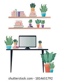desk with computer books and plants on shelves design, Home room decoration interior living building apartment and residential theme Vector illustration
