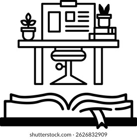 A desk with a computer a chair a book and a potted plant