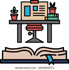A desk with a computer, a chair, a book, and a potted plant. The desk is open to a book, and the chair is positioned in front of it