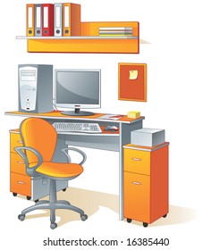 Desk, computer, chair, files - office furniture and supplies. Vector illustration