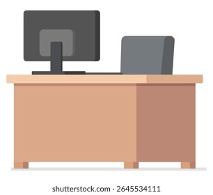 A desk with a computer and chair illustration with light brown and gray color, flat design.