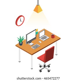 Desk with computer, comfortable office chair red and clock. Workplace freelance concept. Vector color illustration isometric flat style for the design of web banners and print promotions