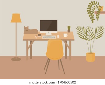 Desk with computer display, floor lamp, keyboard, mousepad, mug on it and chair 
 on cream pastel colors background. Freelance home office workplace with hanging home plants and cat on the table. Flat