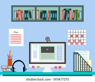 Desk with computer, documents and equipment. Workplace for the business, education, online teaching. Flat design illustration for web design, flyers and presentations. Banner on blue background