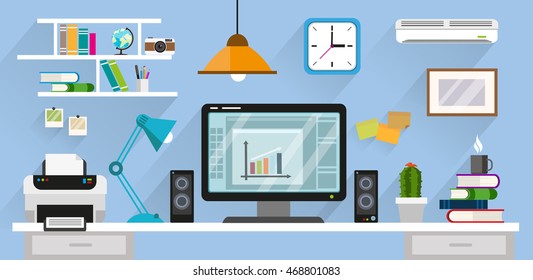 Desk with computer, documents and stationery. Workplace for the business and education. Flat design illustration for web design, flyers and presentations