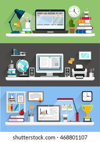 Desk with computer, documents and stationery. Workplace for the business and education. Flat design illustration for web design, flyers and presentations