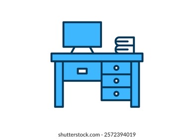 Desk with Computer icon. icon related to Office. suitable for web site, app, user interfaces, printable etc. flat line icon style. simple vector design editable
