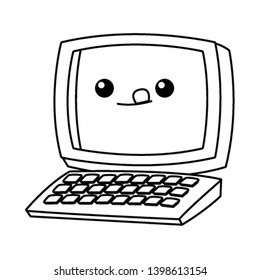 desk computer with keyboard kawaii cartoon in black and white