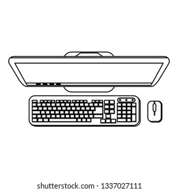 desk computer with keyboard and mouse topview in black and white