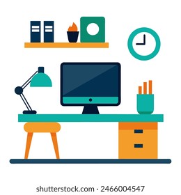 A desk with a computer, lamp, clock, and office supplies