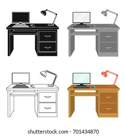 A desk with a computer and a desk lamp. Furniture and interior single icon in cartoon style Isometric vector symbol stock illustration web.