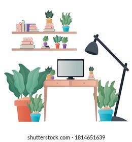 Schreibtisch mit Computerlampe und Pflanzendesign, Wohnzimmerdekoration Wohngebäude Wohnung und Wohnthema Vektorgrafik