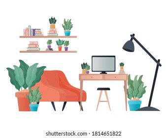 Schreibtisch mit Computerlampe und Pflanzendesign, Wohnzimmerdekoration Wohngebäude Wohnung und Wohnthema Vektorgrafik