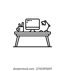 Desk, computer, lamp, supplies, workspace, office, icon, line