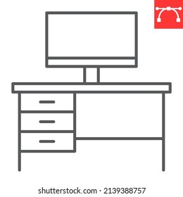 Desk computer line icon, furniture and interior, workplace vector icon, vector graphics, editable stroke outline sign, eps 10.