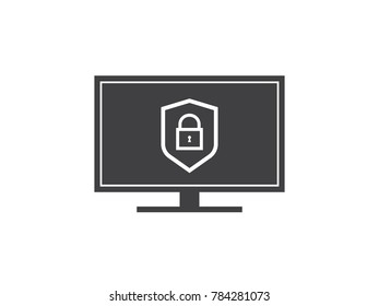 desk computer line icon with Privacy Data protection and Internet VPN shield Security Concept line vector illustration