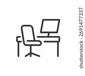 Desk with computer, linear icon. Workplace setup and office equipment. Line with editable stroke.