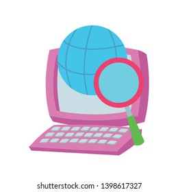 desk computer with magnifying glass and global sphere