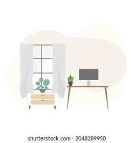 A desk with a computer monitor by the window and a small plant on the sideboard , isolated on white background ,  Flat cartoon flat style. illustration Vector EPS 10